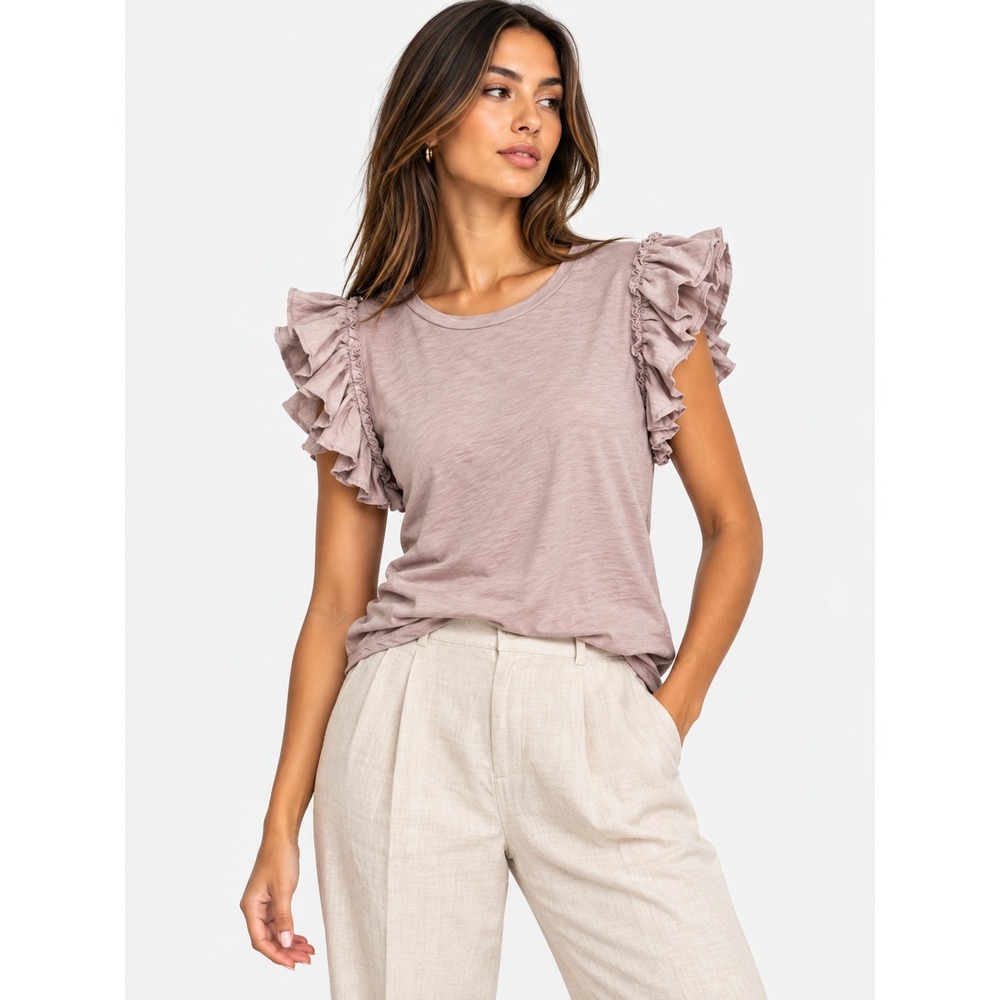 Industry Republic Clothing Dusty Pink Ruffle Sleeve 100% Pima Cotton Tee XL